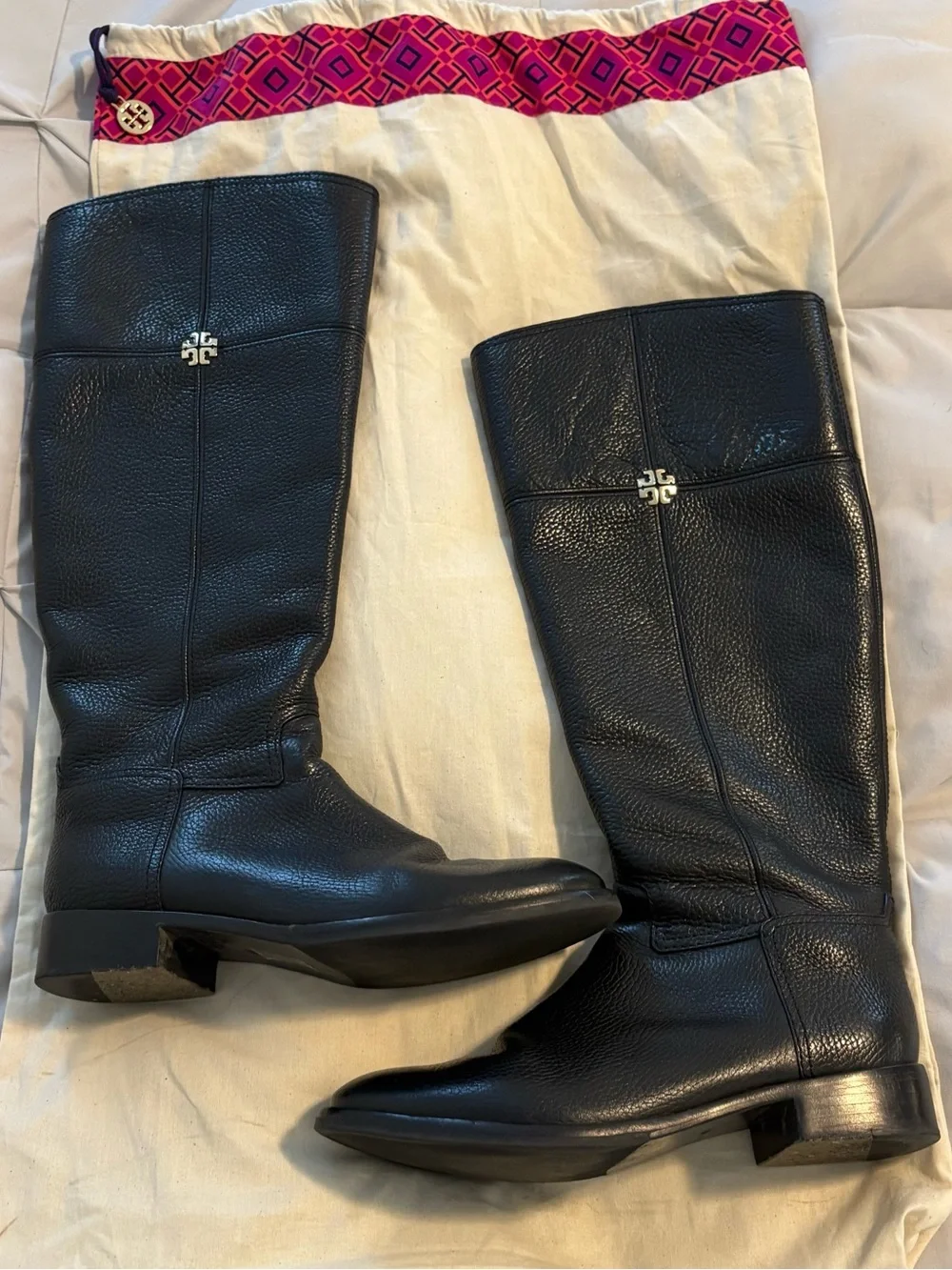 Tory Burch Women’s Black Leather Knee High Riding Boots Size 8M Pebbled Leather
